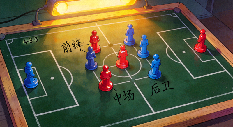 足球战术板上摆放棋子演示阵型布置的画面